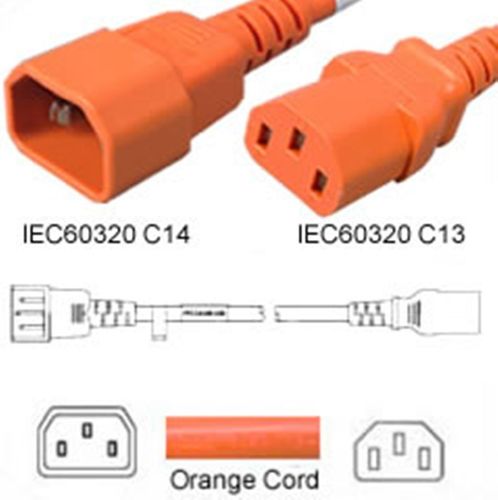 Kaltgeräteverlängerung C14 zu C13 orange 1,2m 10A/250V 18/3SJT, UL/cUL
