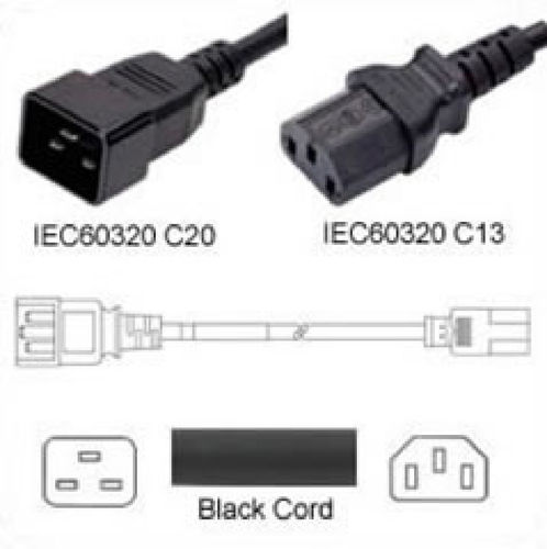 Netzkabel schwarz C20 zu C13 0,5m 10A 250V, H05VV-F 3x1.0, VDE