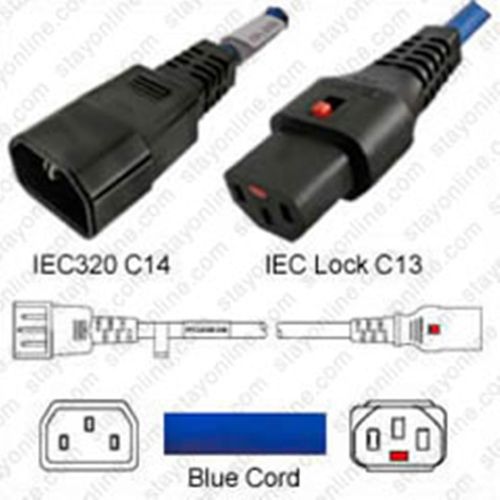 Kaltgerätekabel blau C14 zu C13 IEC Lock 1,5m 10A 250V H05VV-F, 3x1mm²