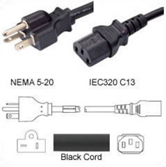 Netzkabel USA NEMA 5-20 -> C13, 14AWG, SJT, 15A/125V, 250cm