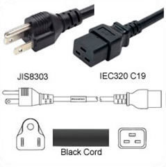 Netzkabel Japan JIS 8303 Stecker zu IEC60320-C19 15A 125V 3,0m