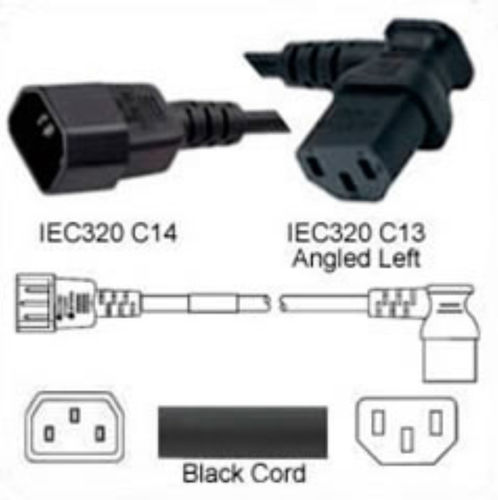 Kaltgerätekabel schwarz C14 zu C13 links gewinkelt 1.8m 10A 250V 18AWG UL/cUL