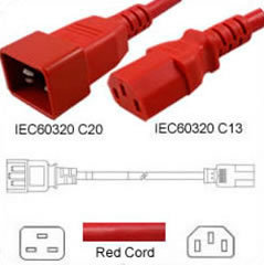 Netzkabel rot C20 zu C13 1.0m 10A 250V H05VV-F3G1.0, VDE
