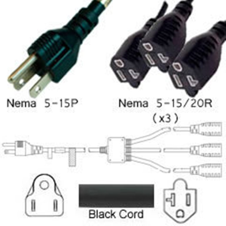 Splitter Power Cord 6ft NEMA 5-15 Plug to 3 Way NEMA 5-15 Connector