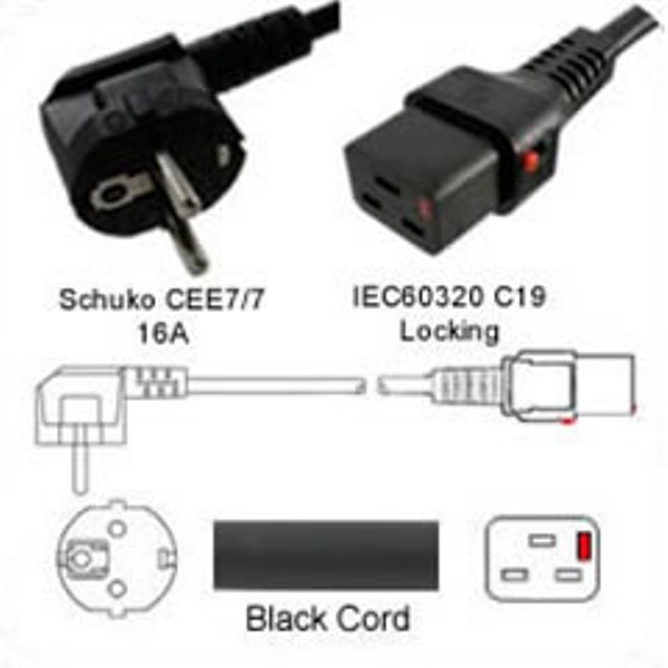 Netzkabel Stecker CEE 7/7 90° / IEC 60320-C19 IEC-Lock, schwarz; 1.50mm²; 200cm