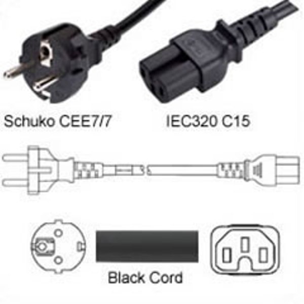 Netzkabel Stecker CEE 7/7 / IEC 60320-C15, schwarz, 1.00mm², 250cm