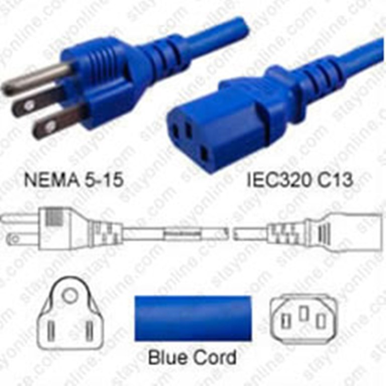Netzkabel blau USA NEMA 5-15 -> C13, 14AWG, SJT, 15A/125V, 120 cm