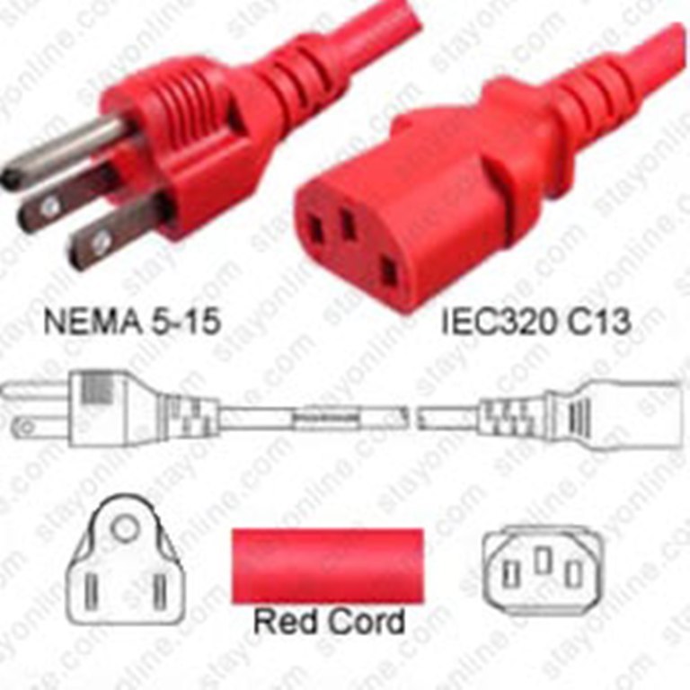 Netzkabel rot USA NEMA 5-15 -> C13, 14AWG, SJT, 15A/125V, 120 cm