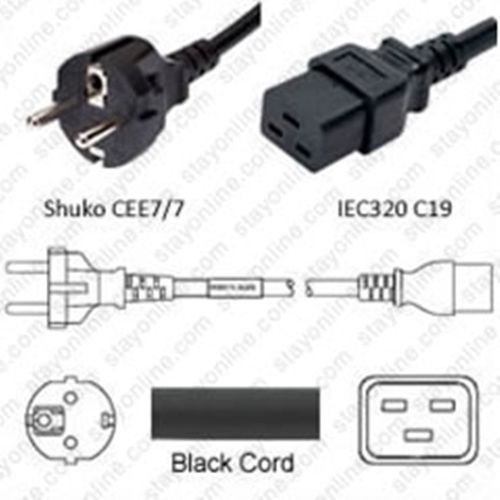 Netzkabel Stecker CEE 7/7 / IEC 60320-C19, schwarz, 1.50mm², 250cm