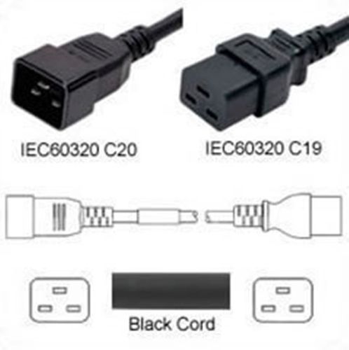 Black Power Cord C20 Plug to C19 Connector 3.0m 20A 250V 12/3 SJT