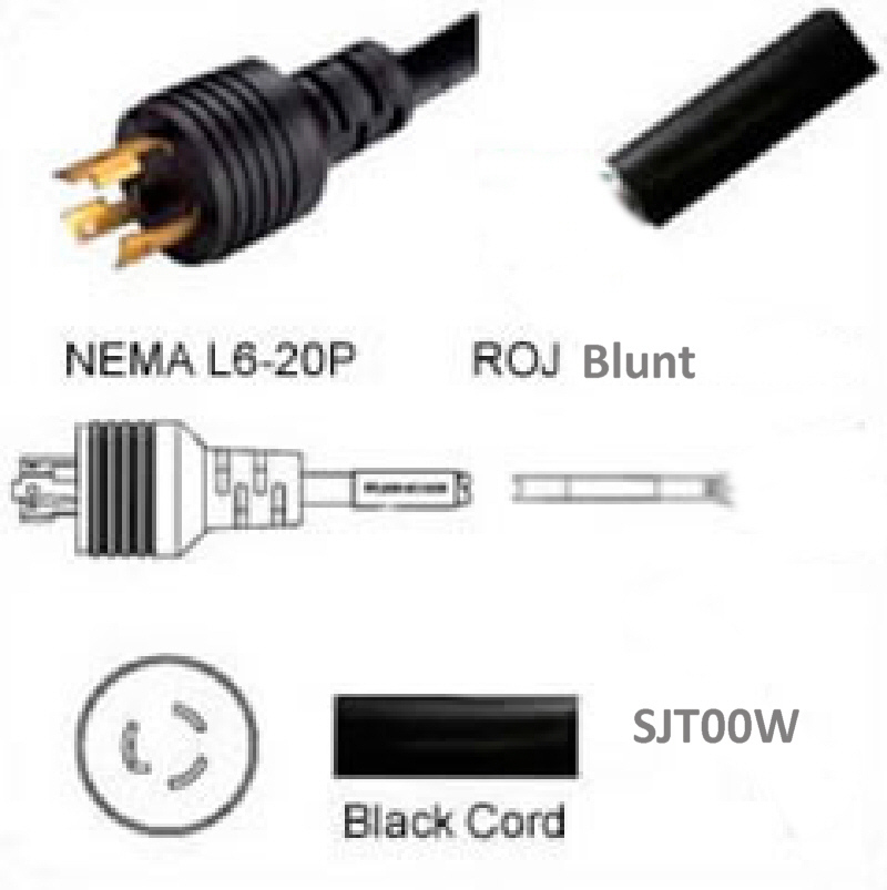 US Netzanschlusskabel - SJT00W 12AWG Nema L6-20 Plug to Blunt Cut 320 cm