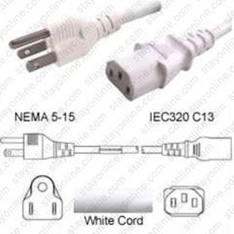 Netzkabel weiss USA NEMA 5-15 -> C13, 14AWG, SJT, 15A/125V, 180 cm