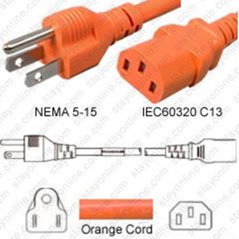 Netzkabel orange USA NEMA 5-15 -> C13, 14AWG, SJT, 15A/125V, 250 cm