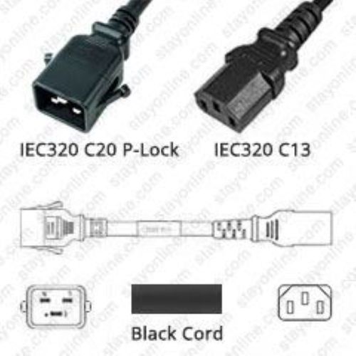 Netzkabel schwarz P-Lock C20 zu C13 3,0m 15A 250V 14/3 SJT